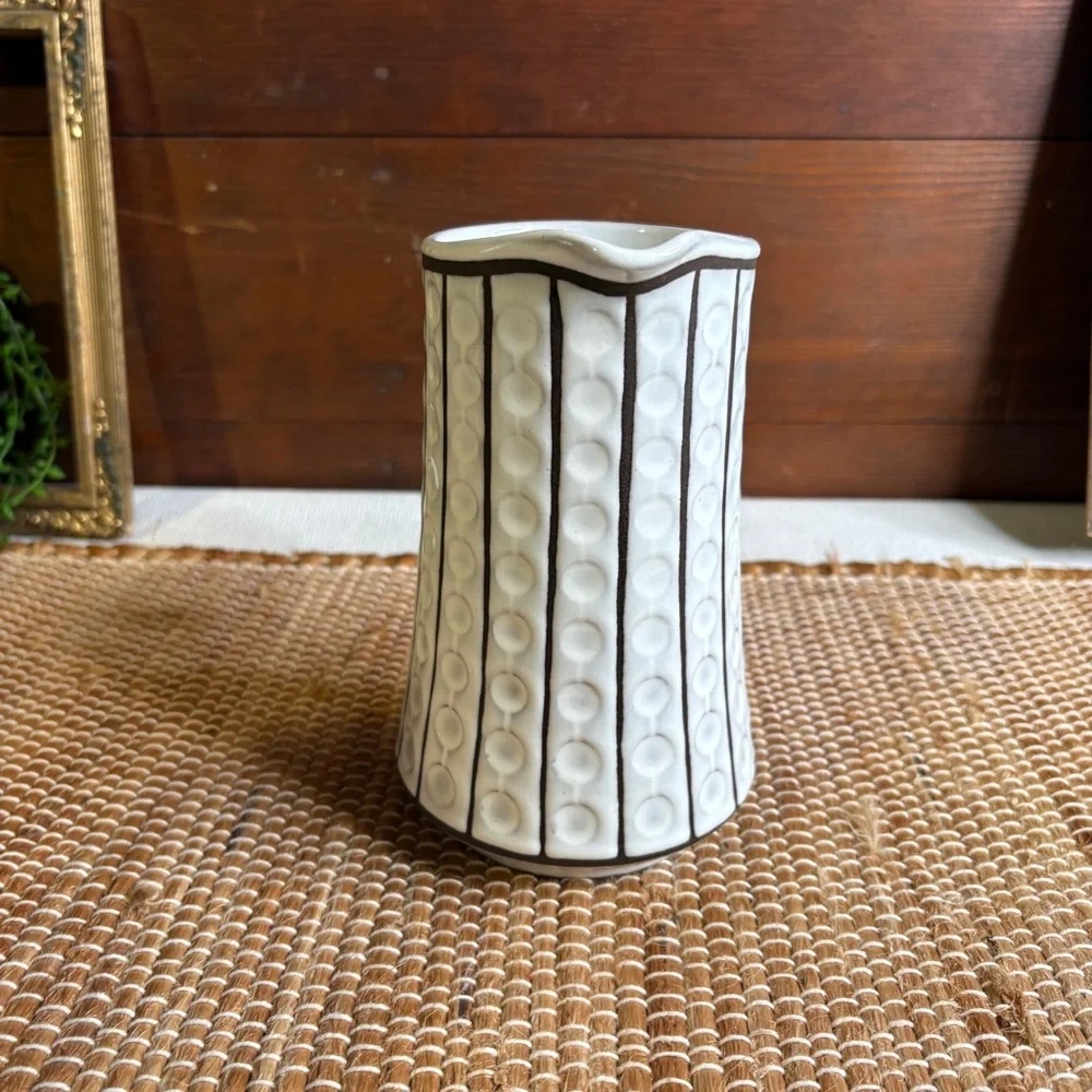 Vintage MCM Ceramano Omega West Germany Dots & Stripes Pitcher White Brown